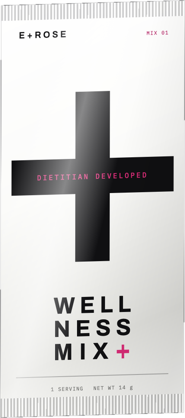 Photo of a single Wellness Mix packet, white pack with a black cross mark